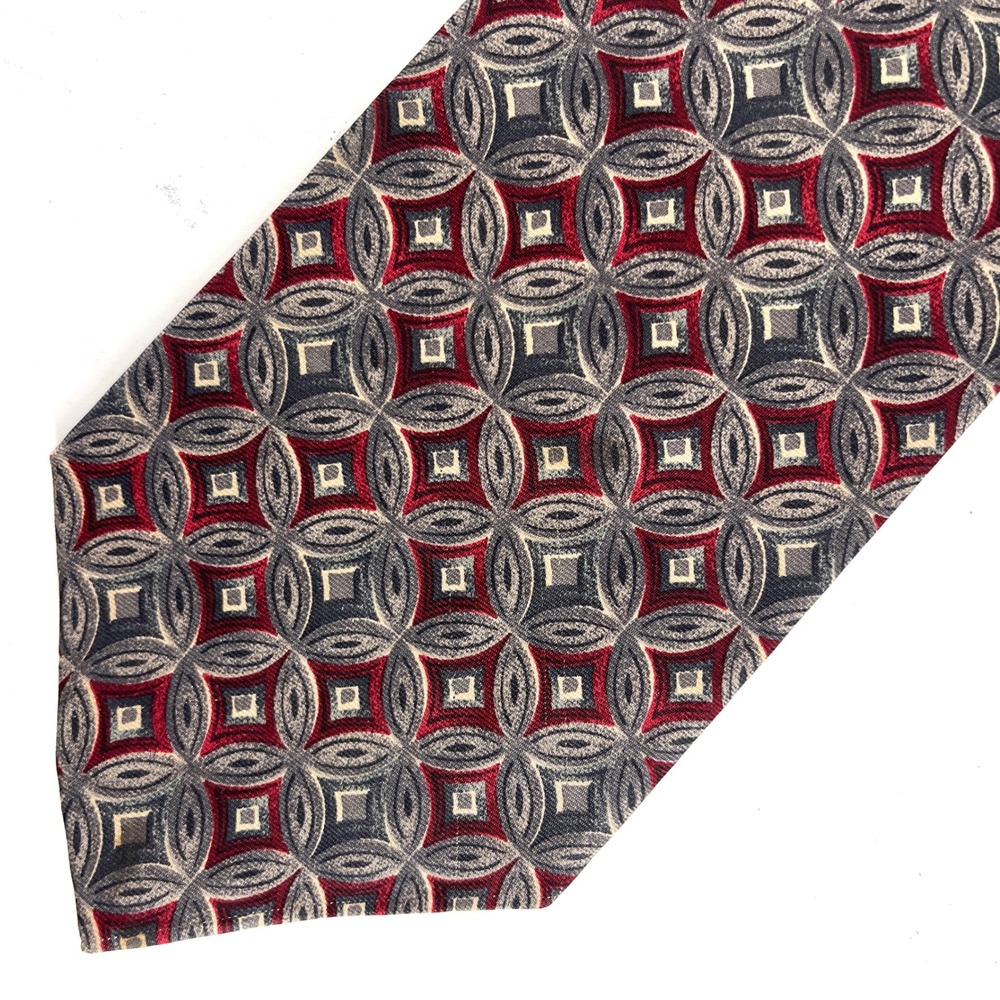 ADOLFO COUTURE‎ Mens Silk Geometric Pattern Necktie Burgundy Grey Tan